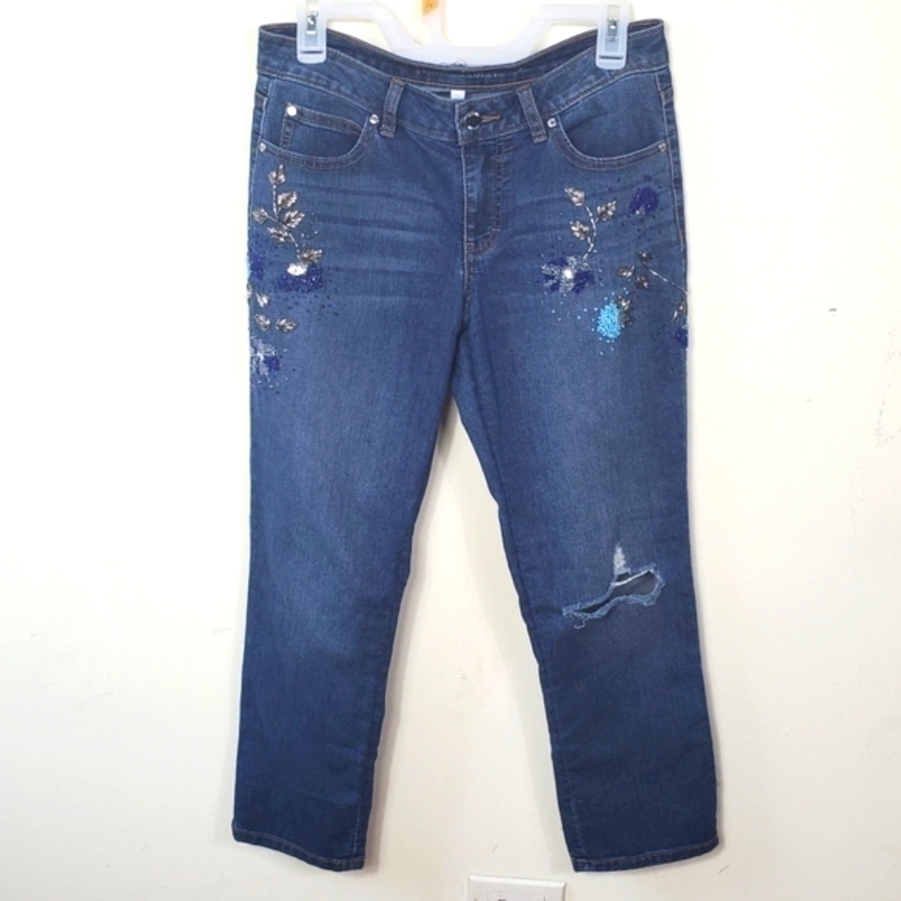 Jennifer Lopez Skinny Embroidered Blue Floral Jeans Distressed Sz 4